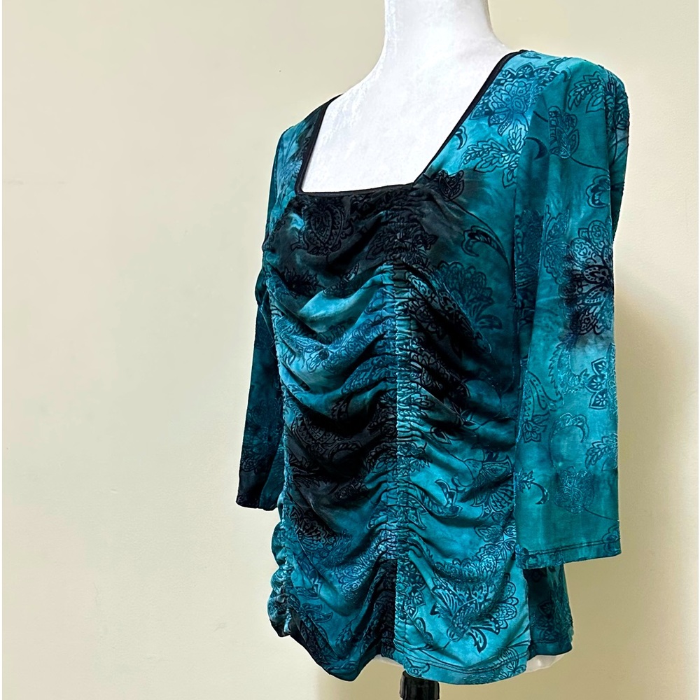 Sami & Jo Blue Green w Black Square Neckline Ruched Down Front Blouse Top LP - Picture 4 of 15